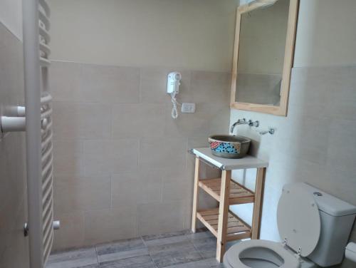 a bathroom with a toilet and a sink and a shower at La Chacra Hotel Campo y Spa in San Pedro