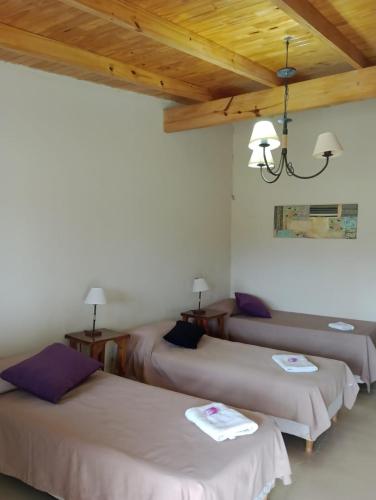 three beds in a room with wooden ceilings at La Chacra Hotel Campo y Spa in San Pedro