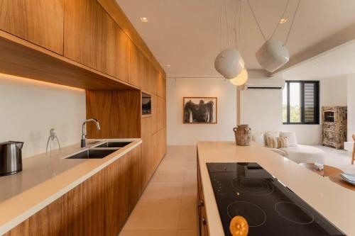 a kitchen with wooden cabinets and a black stove top oven at Galeria Privada - Tulum Hidden Masterpiece in Tulum