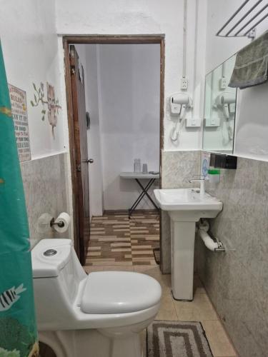 a bathroom with a toilet and a sink at Alec Lodge in Coron