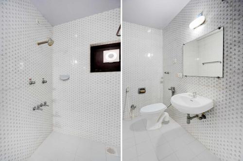 two pictures of a bathroom with a toilet and a sink at Townhouse Oak Calangute in Goa