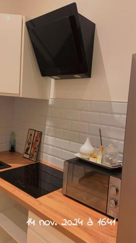 a kitchen with a tv on the wall and a counter at Coumbis Faye in Brussels