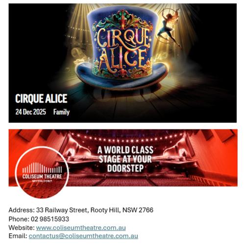 a poster for a circus alive event with a cup at Novotel Sydney West HQ in Rooty Hill