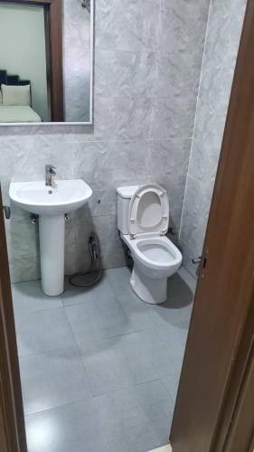 a bathroom with a sink and a toilet and a mirror at Abuja luxury apartment in Abuja