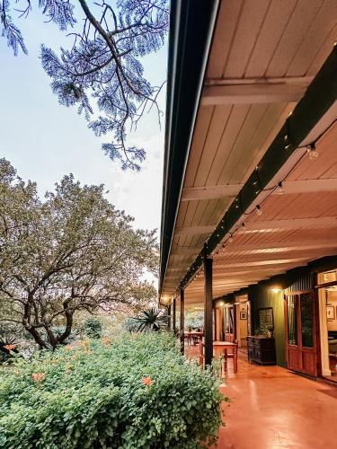 a porch of a building with trees in the background at Three Tree Hill Lodge in Bergville