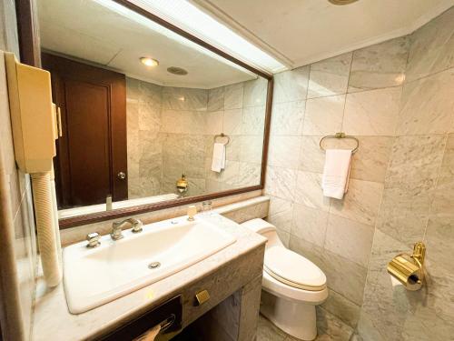 a bathroom with a sink and a toilet and a mirror at Horison Ultima Bandung in Bandung