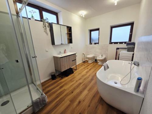 une salle de bain avec une baignoire, un lavabo et une douche dans l'établissement Ferienwohnung Krone - nähe Europa-Park, Rulantica, Triberg, à Lahr/Schwarzwald