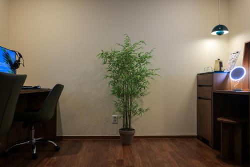 an office with a plant in a pot next to a desk at Aank Hotel Jeonju in Jeonju