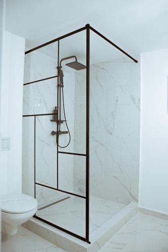 a glass shower in a bathroom with a toilet at Sunset Hills Chalet in Slănic