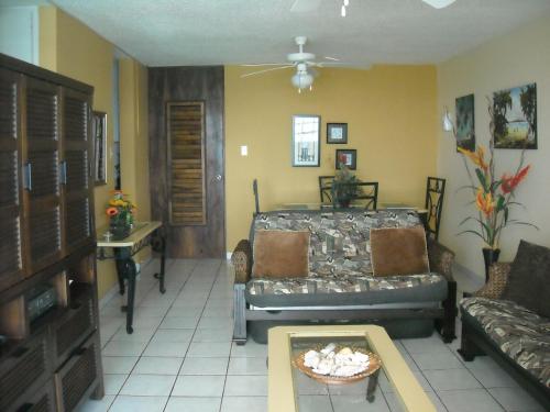una sala de estar con un sofá y una mesa en Ocean Front Apartment, en Luquillo