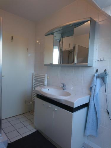 a bathroom with a sink and a mirror at Ostseewohnung Weiße Wiek in Hohenkirchen