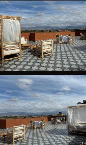 two pictures of a patio with a table and chairs at VILLA NOÛR PALACE avec piscine jaccuzi à Marrakech in Marrakech