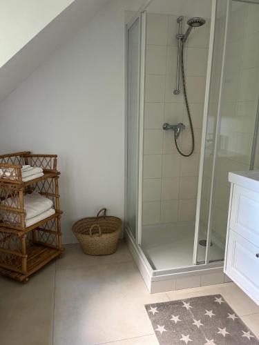 a bathroom with a shower and a basket at Le Paddock by Ernesst in Lubbeek