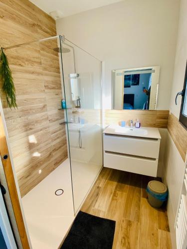 a bathroom with a shower and a sink at Dépendance 2 chambres secteur MEETT in Aussonne
