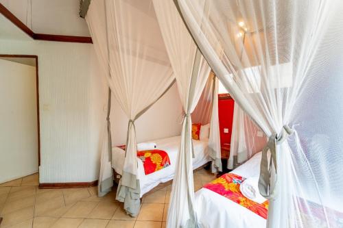 two beds in a room with mosquito nets at Kasongo Lodge in Victoria Falls