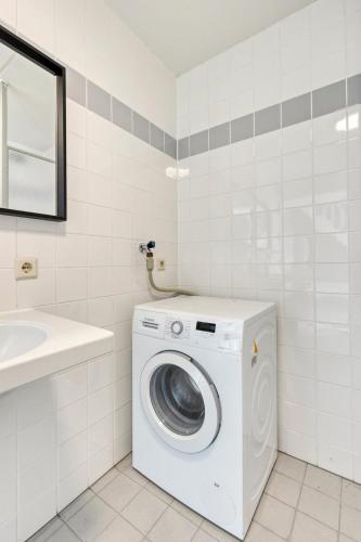 a washing machine in a bathroom with a sink at Vakantiehuis - Brabantse gezelligheid met sauna VP098 in Hoeven