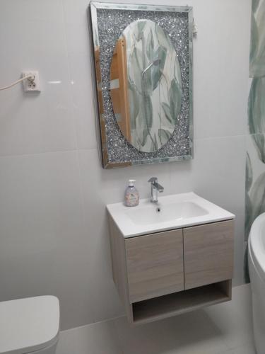 a bathroom with a sink and a mirror at Silver Dream Apartmanház in Debrecen