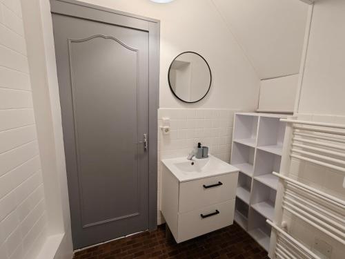 un bagno con lavandino e specchio di Maison familiale proche Zoo a Châteauvieux