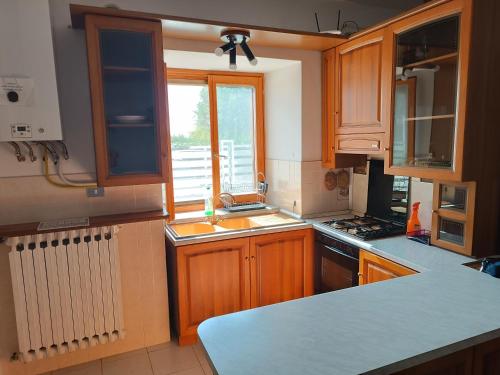a kitchen with wooden cabinets and a sink and a window at La Magnolia sul Lago in Campolattaro