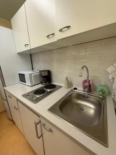 a kitchen with a sink and a microwave at Villa 16 in Kivik
