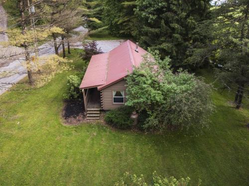 a small house with a red roof in the grass at Little Redwood - Hocking Hills, Hot Tub & Games in Logan