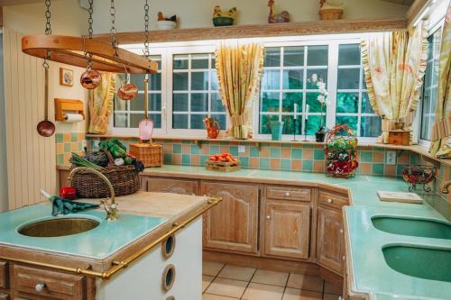 a kitchen with a sink and a window at Chalet La Forestière in Saint-Paul-en-Chablais