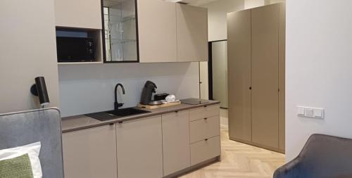 a kitchen with white cabinets and a sink at Luise LuXe Suites in Tallinn