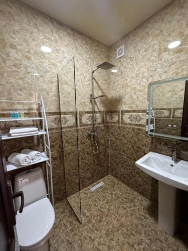 a bathroom with a shower and a toilet and a sink at Pesvebi Design Hotel and Cellar in Borjomi