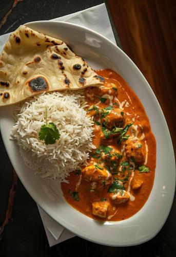 a plate of food with rice and chicken curry at Purnima Resort Neil Island in Neil Island