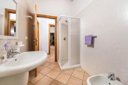 a white bathroom with a sink and a shower at AGRITURISMO COLOMBARE TEBOI in Lazise