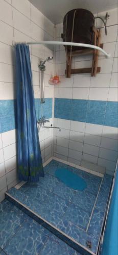 a bathroom with a shower with a blue floor at Хостел ФИЛИН in Dnipro