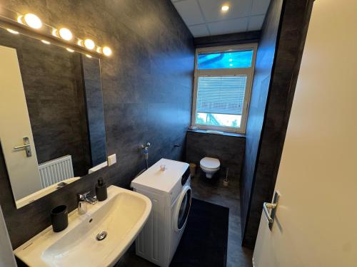 ein Badezimmer mit Waschbecken, Toilette und Spiegel in der Unterkunft Stilvolles & klimatisiertes Loft mit Ausblick in die Ferne in Sankt Leon-Rot