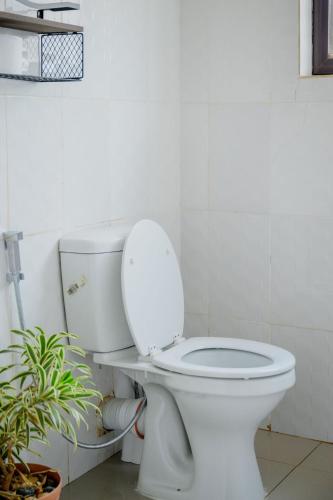 a white toilet in a bathroom with a plant at Villa Stone Apartments in Lusaka
