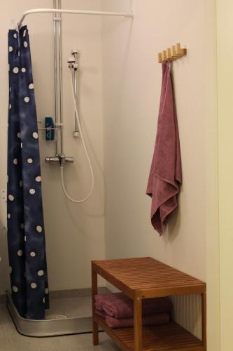 a bathroom with a shower with a shower curtain at Stationshusets Hotell och Café in Köping