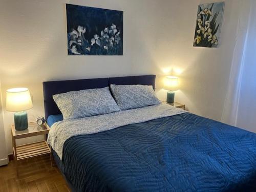 a bedroom with a blue bed with two lamps at Appartamento Rosaneve in Brugherio