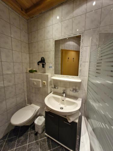 a bathroom with a toilet and a sink and a mirror at Pension Sattelkopf in Sankt Anton am Arlberg