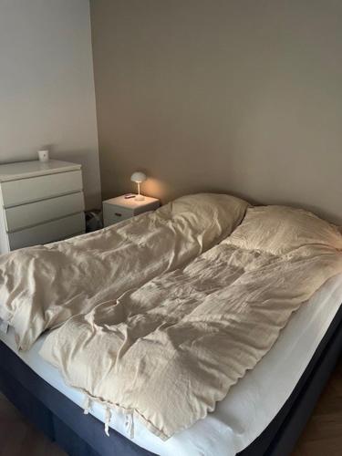 a bed with a blanket on it in a bedroom at Stue villa lejlighed med adgang til stor have in Herning