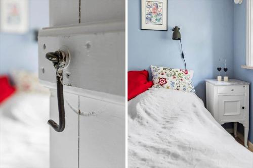 two pictures of a bedroom with a bed and a lamp at 2730-Nexo-Ostre-Strandvej-22 in Dueodde