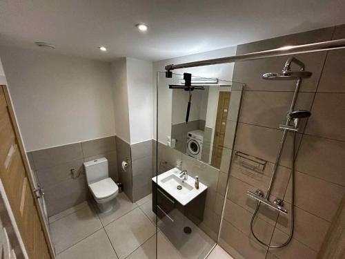 a bathroom with a shower and a toilet and a sink at Apartament Wygodny 2 in Białystok