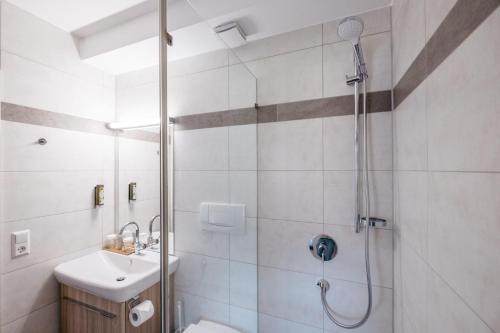 a bathroom with a shower and a toilet and a sink at Restaurant & Landhotel Winter in Gomadingen