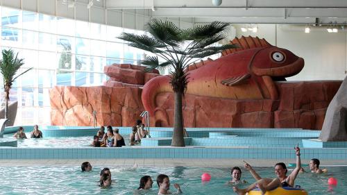 een groep mensen in een zwembad in een resort bij Appartement calme et spacieux, tout équipé in Saint-Quentin