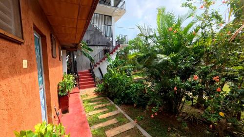 a stairway to a house with plants and trees at Meegahapokuna Resort in Anuradhapura