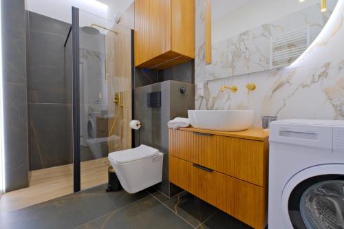 une salle de bain avec un lavabo et une machine à laver dans l'établissement Laguna Beskidów Resort - Piwniczka Pascala, à Zarzecze