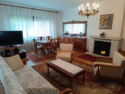 a living room with a fireplace and a dining room at Cozy Garden House in Árgos Orestikón