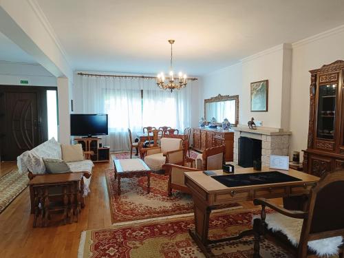 a living room filled with furniture and a fireplace at Cozy Garden House in Árgos Orestikón