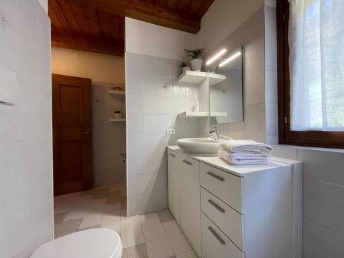 een witte badkamer met een wastafel en een toilet bij Rifugio romantico per due in Pinzolo