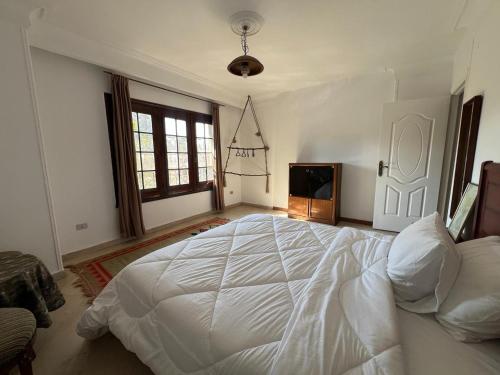 a bedroom with a large white bed and a fireplace at Villa Maadi 35 -R 201- Street View Room in Cairo