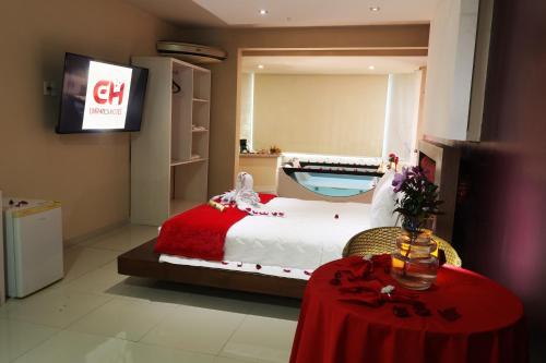 a room with a bed and a tv and a table at Emirates Hotel & Suites in Santana do Livramento