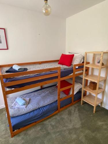 two bunk beds in a room with a ladder at Hotel Au Bon Accueil in Les Deux Alpes