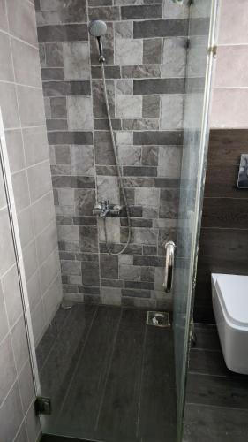 a bathroom with a shower with a glass door at Home Sweet Home in Karachi